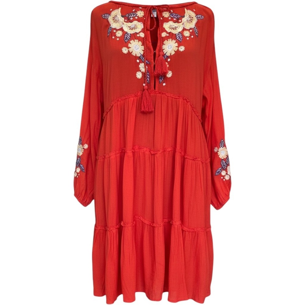 Free People Red Embroidered Tiered Mini Dress Tassel Boho Peasant Long Sleeve